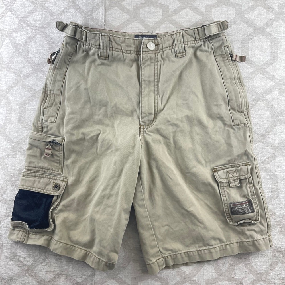 Eddie Bauer Mens Khaki Cotton Cargo Shorts Tan 32 Adjustable Waist Mesh Pocket
